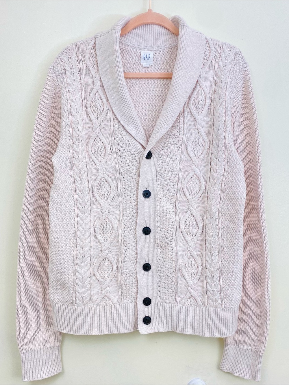 GAP Cable Blocked Shawl Collar Cardigan Sweater M Cream Cotton Preppy Cozy Fall